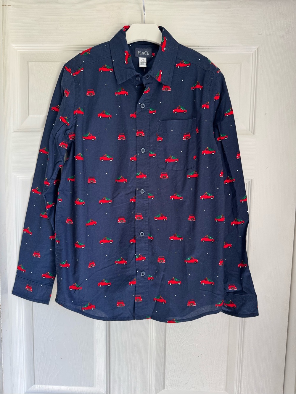 The Children's Place Boys Navy Button-Down Shirt with Red Car Print Sz 14